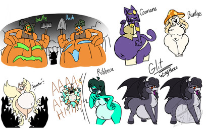 anthro belly big_belly big_breasts big_butt breasts butt female feral fungus group male plant screaming size_difference text thick_thighs wide_hips wings jayme_universe amphibian bat domestic_cat elemental_creature equid equine felid feline felis flora_fauna frog fungi_fauna horse mammal pony colored digital_media_(artwork) english_text hi_res