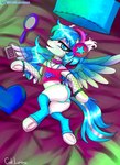 80's_theme cable cassette_player cassette_tape clothing collar electronics female female_feral feral headphones hooves legwear mirror pillow portable_music_player quadruped solo stockings unguligrade vaporwave wings caliluminos hasbro my_little_pony mythology fan_character equid equine mammal mythological_creature mythological_equine pegasus absurd_res hi_res