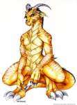 anthro claws digitigrade dragon green_eyes holly_marie_ogburn horn looking_at_viewer male mythological_creature mythological_scalie mythology naturally_censored scales scalie simple_background solo tail third-party_edit white_background yellow_body yellow_scales yellow_skin