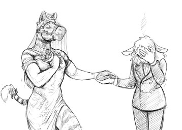 anthro armwear bouquet clothed clothing crossdressing crossdressing_male digit_ring dress duo elbow_gloves eyes_closed facepalm female flower flower_bouquet fur gloves halter hand_holding handwear husband_and_wife jewelry male male/female married_couple plant ring striped_body striped_fur stripes wedding_dress wedding_ring hladilnik bill_(hladilnik) jane_doe_(hladilnik) bovid caprine equid equine mammal sheep zebra 2025 hi_res monochrome