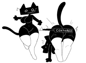 4_fingers anthro ass_up bent_over blush blush_lines bodily_fluids breasts butt_slap censor_bar clothing emanata featureless_breasts featureless_crotch female fingers footwear footwear_only front_view legwear legwear_only looking_at_viewer mostly_nude navel offscreen_character paddle raised_tail rear_view slap socks socks_only solo spanking standing sweat sweatdrop tail thick_thighs thigh_highs thigh_highs_only white_clothing white_legwear white_thigh_highs snazzle_snapp ms._censor felid feline living_censor mammal monochrome
