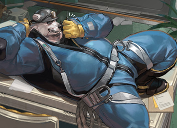 anthro armor beard boots clothing facial_hair footwear fur gloves handwear hard_hat headgear helmet jumpsuit male shoes solo wball bear mammal polar_bear ursine absurd_res colored digital_media_(artwork) digital_painting_(artwork) hi_res painting_(artwork)