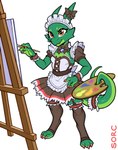 anthro bell bell_collar breasts brush clothing collar easel female garter_belt garter_straps green_body legwear maid_uniform multicolored_eyes non-mammal_breasts paintbrush palette prehensile_tail solo tail thigh_highs uniform sorc kobold reptile scalie