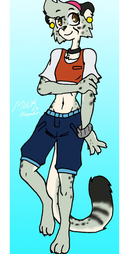 accessory anthro barefoot biped black_collar black_ears black_spots blue_bottomwear blue_clothing blue_shorts bottomwear clothed clothed_anthro clothed_female clothing collar ear_piercing eyelashes feet female female_anthro flat_chested fur grey_body grey_fur hair_accessory hairband markings midriff navel piercing pink_hairband shorts slim slim_anthro slim_female solo spots spotted_body spotted_fur spotted_markings spotted_tail tail tail_markings blayaden cookie_(blayaden) cheetah felid feline mammal hi_res