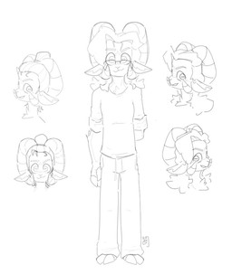 anthro bangs big_horn bovid_horn caprine_horn eyewear glasses hair hair_bun hooves horn male messy_hair missing_arm ram_horn rolled_up_sleeves solo onearmdude richie_(onearmdude) bovid caprine mammal sheep hi_res monochrome sketch sketch_page