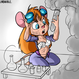 after_explosion anthro beaker breasts burnt_clothes clothing explosion eyewear female goggles hair laboratory_equipment laboratory_glassware messy_hair open_mouth scientific_instrument sitting smoke solo surprised tail torn_bra torn_clothing unbakable chip_'n_dale_rescue_rangers disney gadget_hackwrench mammal mouse murid murine rodent 1:1 2022 absurd_res hi_res