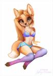 anthro biped blonde_hair blue_eyes bottomwear bra breasts clothing dipstick_tail dolphin_shorts ear_piercing female hair hand_behind_head legwear looking_at_viewer markings multicolored_tail piercing raised_arm shorts simple_background sitting smile solo stockings tail tail_markings underwear white_background coonkun kelseyfox canid canine fox mammal