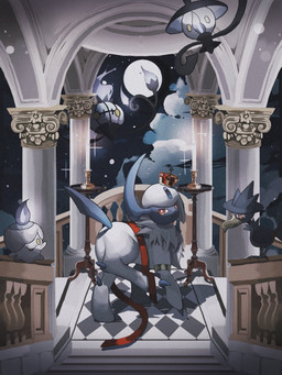ambiguous_gender black_body butt candle claws cloud colored_fire crown feral fire fur group hair headgear horn looking_at_viewer moon one_eye_obstructed open_mouth purple_fire red_eyes size_difference sparkles tail white_body white_fur white_hair yellow_eyes mmocc123 nintendo pokemon absol animate_inanimate avian bird chandelure generation_2_pokemon generation_3_pokemon generation_5_pokemon lampent litwick murkrow pokemon_(species) 2025 3:4 hi_res