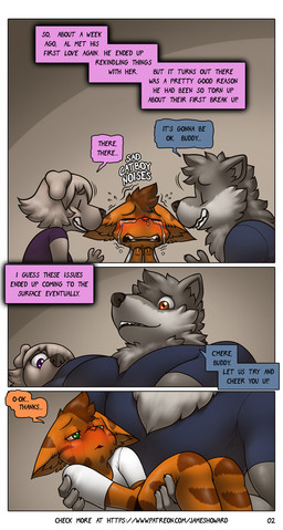 anthro bodily_fluids carrying_another carrying_partner crying dialogue female group male male/female male/male tears text throuple trio james_howard patreon alphonse_(james_howard) jill_(james_howard) richard_(james_howard) canid canine canis domestic_cat domestic_dog felid feline felis mammal wolf comic english_text hi_res url