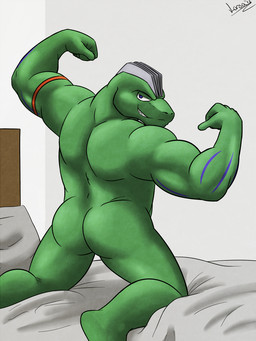 anthro biceps biped butt butt_focus flexing male muscular muscular_anthro muscular_male nude pose simple_background smile solo year larlarbehemoth nintendo pokemon generation_1_pokemon machoke pokemon_(species) shiny_pokemon 2015 3:4 hi_res signature