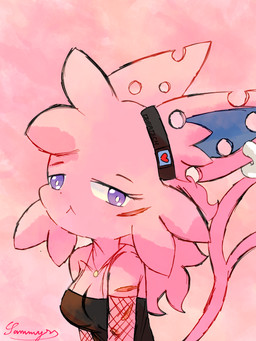 :< anthro anthrofied arm_scar armwear black_clothing black_topwear blue_inner_ear clothing ear_piercing ear_ring eyebrows eyelashes facial_scar female fishnet_armwear fishnet_clothing forked_tail fur jewelry looking_at_viewer narrowed_eyes necklace piercing pink_body pink_ears pink_fur pink_tail pokemorph purple_eyes ring_piercing scar solo tail topwear unusual_anatomy unusual_tail conditional_dnp xammyxx nintendo pokemon fan_character eeveelution espeon generation_2_pokemon pokemon_(species) 2025 3:4 absurd_res digital_media_(artwork) hi_res ibispaint_(artwork) portrait signature watermark