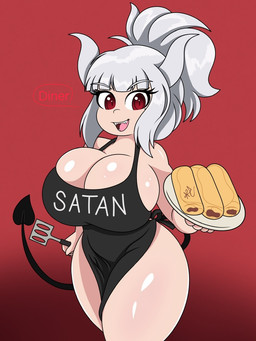 apron apron_only big_breasts breasts clothed clothing dessert female food hair horn huge_breasts long_hair looking_at_viewer markings mature_female mature_humanoid mole_(marking) mostly_nude not_furry red_eyes simple_background smile solo spade_tail tail text text_on_apron text_on_clothing thick_thighs tongue white_body white_hair white_horn nr_ac helltaker lucifer_(helltaker) demon horned_humanoid humanoid 3:4 digital_media_(artwork) english_text hi_res
