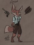 1910s_theme amaranthruh anthro clothed clothing fully_clothed gangster gun hat headgear headwear male necktie ranged_weapon solo suspenders weapon yellow_eyes unknown_artist canid canine fox mammal full-length_portrait model_sheet monochrome portrait