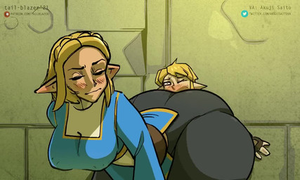 against_surface against_wall bent_over big_breasts big_butt blush bottom_heavy breasts butt clothed clothing dominant dominant_female duo facesitting female huge_butt huge_hips huge_thighs humanoid_pointy_ears larger_female male male/female moan not_furry pointy_ears sitting sitting_on_another size_difference smaller_male thick_thighs tight_clothing wide_hips tail-blazer breath_of_the_wild nintendo the_legend_of_zelda link princess_zelda elf humanoid hylian 2021 5:3 animated long_playtime sound video voice_acted