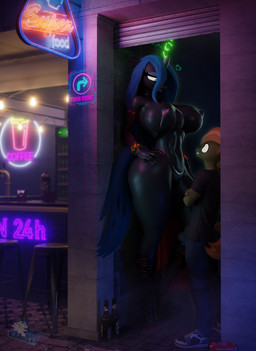 anthro bulge clothing duo female male neon size_difference street hooves-art friendship_is_magic hasbro my_little_pony button_mash_(mlp) queen_chrysalis_(mlp) changeling_(mlp) equid equine horse mammal pony 3d_(artwork) absurd_res blender_(artwork) digital_media_(artwork) hi_res