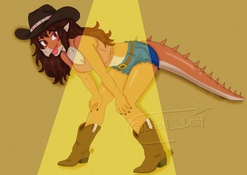 alternate_costume anthro bent_over boots bottomwear breasts brown_hair clothed clothed_anthro clothed_female clothing cowboy_boots cowboy_hat cowboy_outfit crop_top denim denim_bottomwear denim_clothing denim_shorts facial_horn female fingers footwear hair hands_on_knees hands_on_legs hat headgear headwear horn humanoid_hands logo long_hair looking_at_viewer medium_breasts non-mammal_breasts open_mouth open_smile orange_body pose red_eyes shirt shoes shorts smile solo spiked_tail spikes spikes_(anatomy) spotlight_beam standing tail tan_body text topwear basil_leaf goodbye_volcano_high ko_op_(game_developer) rosa_(gvh) aquilops ceratopsian dinosaur marginocephalian ornithischian prehistoric_species reptile scalie absurd_res artist_logo artist_name colored full-length_portrait hi_res portrait shaded watermark