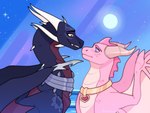 black_body blue_eyes duo female feral horn jewelry light looking_at_another moon moonlight necklace pink_body red_eyes romantic romantic_ambiance star wings cutestcure activision european_mythology mythology spyro_the_dragon cynder ember_(spyro) dragon mythological_creature mythological_scalie scalie western_dragon 2022 4:3 digital_drawing_(artwork) digital_media_(artwork)
