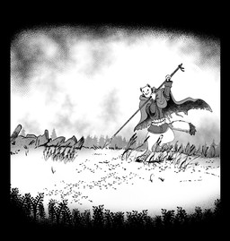 anthro beady_eyes black_tail_tip bottomless cloak clothed clothing digitigrade dipstick_tail fur holding_melee_weapon holding_object holding_polearm holding_spear holding_weapon leg_wraps male markings melee_weapon nature nature_background polearm shirt solo spear standing tail tail_markings topwear tunic weapon white_body white_fur wraps garbagegarage mammal mustelid musteline stoat true_musteline weasel black_and_white hi_res monochrome