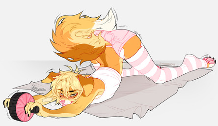 anthro arched_back bottomwear brown_body brown_eyes brown_fur butt clothing dipstick_tail exercise eye_through_hair femboy floppy_ears fur hair legwear looking_at_viewer male markings on_ground pattern_clothing pattern_legwear pattern_thigh_highs pawpads pink_inner_ear pink_nose pink_pawpads shaking_butt shirt shorts solo striped_clothing striped_legwear striped_thigh_highs stripes tail tail_markings tank_top thigh_highs topwear translucent translucent_hair white_clothing white_shirt white_tail_tip white_tank_top white_topwear workout yellow_body yellow_fur lgag006k043_(artist) oscar_(lgag006k043) bird_dog canid canine canis domestic_dog golden_retriever hunting_dog mammal retriever 2026 digital_drawing_(artwork) digital_media_(artwork) english_description hi_res