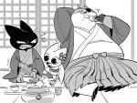 angry asian_clothing beverage clothing cute_fangs east_asian_clothing eating eye_patch eyewear fangs food group japanese_clothing kimono male open_mouth open_smile overweight overweight_male pegleg sitting smile tea tea_ceremony teeth c2ndy2c1d junkmixart cartoon_network mao_mao:_heroes_of_pure_heart adorabat badgerclops sheriff_mao_mao_mao badger bat domestic_cat felid feline felis mammal mustelid musteline greyscale monochrome