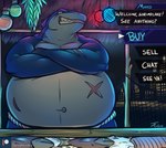 anthro belly big_belly crossed_arms dialogue eye_scar facial_scar gameplay_mechanics male market musclegut muscular muscular_male navel overweight overweight_male scar sharp_teeth smile solo teeth text user_interface tanio fish marine shark english_text