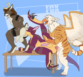 anal anal_penetration anthro anthro_on_anthro anthro_penetrated anthro_penetrating anthro_penetrating_anthro balls beak brown_body brown_fur butt crouching eyes_closed feathered_wings feathers fur furniture genitals group group_sex lying male male/male male_penetrated male_penetrating male_penetrating_male nude nude_anthro nude_male oral orange_body orange_fur penetration penis purple_body purple_fur raised_leg rimming rimming_while_penetrated sex table threesome tongue tongue_out trio wings sinningfox mythology marster avian deer gryphon kangaroo macropod mammal marsupial mythological_avian mythological_creature absurd_res hi_res