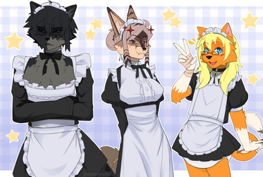 abdl animal_ears anthro apron bell bell_collar big_breasts black_body black_fur blonde_hair blue_eyes blush bow_tie breasts brown_body brown_fur checkered checkered_background clothed clothing collar crossdressing crossed_arms curvy_figure diaper diaper_fetish eyewear feminine frilly fur gesture glasses gloves group hair hand_gesture handwear looking_at_viewer maid_uniform medium_breasts open_mouth pattern_background piercing red_eyes short_hair simple_background smile star_(symbol) tail thick_thighs trio uniform v_sign wide_hips obedientmirelle canid canine felid fennec_fox fox mammal pantherine true_fox absurd_res hi_res genderfluid_(lore)