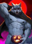 abs anthro areola arm_wraps armpit_hair armpit_tuft barazoku biceps big_muscles blood_moon body_hair cape cheek_tuft claws cloak clothing convenient_censorship covering covering_crotch covering_self facial_markings facial_tuft fangs fluffy fluffy_tail fog food front_view fruit full_moon fur fuzzy glowing glowing_eyes grey_body grey_fur hand_behind_head head_markings head_tuft holding_object holding_pumpkin holidays huge_muscles jack-o'-lantern looking_at_viewer male markings mask_(marking) moon mostly_nude muscular muscular_anthro muscular_male narrowed_eyes navel nipples nude obliques pecs plant pumpkin raised_arm red_background red_eyes serratus simple_background smile solo standing tail teeth tuft wraps shibziroo dreamworks halloween puss_in_boots_(franchise) death_(puss_in_boots) canid canine canis mammal wolf 2024 3:4 hi_res