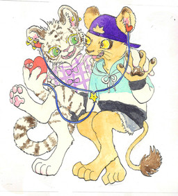 anthro baseball_cap clothed clothing duo ear_piercing earbuds electronics feet female fur green_eyes hat headgear headphones headwear heart_symbol holding_object hoodie leucistic open_mouth pawpads piercing simple_background smile stripes tail topwear tuft white_background white_body white_fur yellow_eyes young kyokyota felid lion mammal pantherine tiger 2018 absurd_res hi_res traditional_media_(artwork)