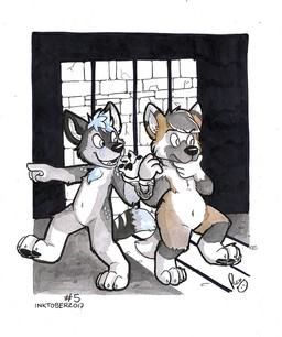 anthro black_nose blue_eyes blue_hair brown_body brown_fur cuff_(restraint) dipstick_tail duo featureless_crotch fur glistening glistening_nose grey_body grey_fur grey_hair hair handcuffs male markings metal_cuffs nude open_mouth open_smile restraints short_hair smile striped_markings striped_tail stripes tail tail_markings text white_body white_fur young young_anthro young_male pandapaco canid canine mammal 2017 dated signature url
