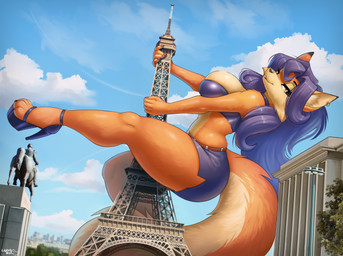 anthro bottomwear clothing collar eiffel_tower female footwear high_heels macro macro_female paris shoes skirt solo lightly-san sly_cooper_(series) sony_corporation sony_interactive_entertainment sucker_punch_productions carmelita_fox canid canine fox mammal 2025 absurd_res hi_res