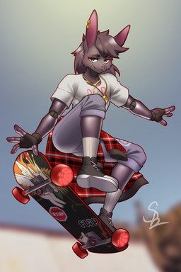 anthro clothed clothing ear_piercing machine male piercing robotic robotization skate_park skateboard skateboarding solo vehicle nariikhan lagomorph leporid mammal rabbit robot robot_anthro hi_res
