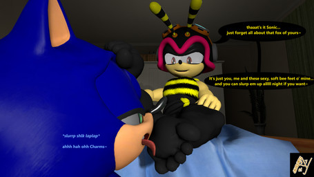 5_toes anthro anthro_on_anthro barefoot bedroom dirty_talk feet foot_fetish foot_focus foot_lick foot_on_face foot_on_head foot_play genitals happy infidelity licking looking_at_another looking_down looking_pleasured male male/male seductive soles sound_effects teasing text toes tongue tongue_out aldenyates sega sonic_the_hedgehog_(series) charmy_bee sonic_the_hedgehog arthropod bee eulipotyphlan hedgehog hymenopteran insect mammal 16:9 3d_(artwork) 4k absurd_res digital_media_(artwork) english_text hi_res widescreen