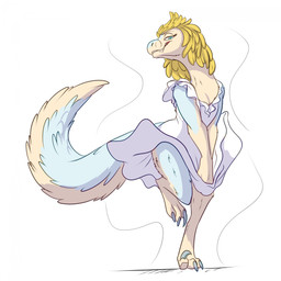 anthro bedroom_eyes blonde_hair blue_body blue_eyes blue_feathers clothing dress feathers female hair marilyn_monroe_pose narrowed_eyes seductive simple_background solo tail teeth white_background foxenawolf dinosaur dromaeosaurid prehistoric_species reptile saurischian scalie theropod 1:1 absurd_res hi_res