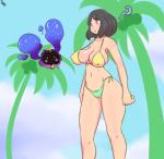 ambiguous_gender big_breasts bikini black_hair breasts camel_toe cleavage clothed clothing cloud day duo female frown glowing glowing_eyes grey_eyes hair human_focus navel nipple_outline not_furry open_mouth outside pale_skin palm_tree plant question_mark skimpy sky standing swimwear tree two-piece_swimsuit wide_hips yellow_eyes immortalstar nintendo pokemon selene_(pokemon) cosmog generation_7_pokemon human legendary_pokemon mammal pokemon_(species) 2016 absurd_res hi_res signature