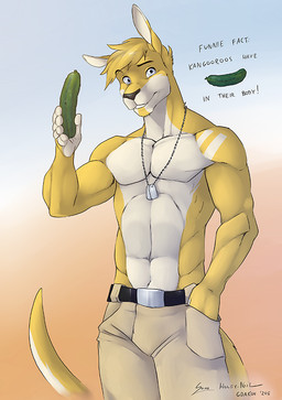anthro belt black_belt black_nose blonde_hair blue_eyes bottomwear clothed clothing cucumber food front_view fruit fur gradient_background hair hand_in_pocket holding_cucumber jewelry looking_at_viewer male male_anthro navel necklace pants plant pockets short_hair simple_background solo standing tan_bottomwear tan_clothing tan_pants topless white_body white_fur yellow_body yellow_fur solaxe_(artist) wolfy-nail kangaroo macropod mammal marsupial 2015 dated portrait signature three-quarter_portrait