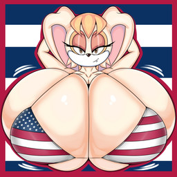 american_flag american_flag_bikini american_flag_clothing anthro bedroom_eyes big_breasts bikini black_nose blue_background border breasts clothing eyelashes female flag_bikini flag_swimwear front_view hair hand_behind_head huge_breasts hyper hyper_breasts looking_at_viewer mature_anthro mature_female motion_lines narrowed_eyes outline pink_inner_ear raised_arm red_border red_outline seductive simple_background smile smiling_at_viewer solo swimwear tan_ears tan_eyes tan_hair two-piece_swimsuit united_states_of_america white_background ultimateshadow sega sonic_the_hedgehog_(series) vanilla_the_rabbit lagomorph leporid mammal rabbit 2026 bust_portrait colored digital_media_(artwork) hi_res portrait shaded