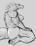 big_breasts breasts claws female frill_(anatomy) kneeling looking_at_viewer membrane_(anatomy) membranous_frill nipples nude red_eyes scales side_view smile solo tail doctordj assignment_risk_(series) alien daxy scalie digital_media_(artwork) hi_res monochrome spot_color