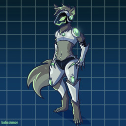 ambiguous_gender anthro belly_tuft exposed_belly exposed_feet machine male simple_background solo standing tuft babsdemon spirit_shadow_(character) canid canine canis mammal protogen wolf 1:1 hi_res