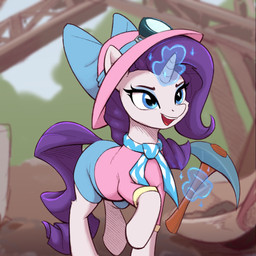 blue_eyes bottomwear clothed clothed_feral clothing day eyeshadow female feral fur hair hooves horn magic makeup open_mouth outside pickaxe purple_hair quadruped shorts solo teeth tongue white_body white_fur rnghat friendship_is_magic hasbro my_little_pony mythology rarity_(mlp) equid equine mammal mythological_creature mythological_equine unicorn 1:1 absurd_res hi_res