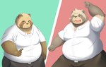 anthro belly big_belly blush bottomwear brown_body brown_fur bulge clothing duo fur humanoid_hands kemono male male_anthro moobs overweight overweight_male pants shirt topwear tai_tanuki canid canine mammal raccoon_dog tanuki 2023 hi_res