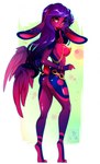 5_fingers anthro clothed clothing eyebrows eyelashes feathered_wings feathers female fingers hair lips looking_at_viewer purple_hair red_eyes smile solo wings pacevanrign hybrid 2022 digital_media_(artwork) hi_res