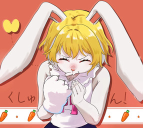 anthro blonde_hair blush carrot clothing female floppy_ears food fur gloves hair handwear plant sneeze solo vegetable white_body white_fur unknown_artist one_piece carrot_(one_piece) lagomorph leporid mammal rabbit