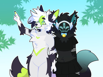 anthro arm_warmers armwear bottomwear clothing crop_top ear_piercing femboy gesture hand_gesture hand_holding legwear looking_at_another machine male male/male piercing pointing shirt skirt thigh_highs topwear dignotions evergreen_(chillcapybaraaa) void_(voiddeveloper) canid canine fox mammal protogen 4:3
