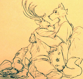 anthro bed bodily_fluids clothing crying cuddling duo eyes_closed furniture half-closed_eyes hug male male/male narrowed_eyes on_bed pajamas pillow tears wuffinarts beastars legoshi_(beastars) louis_(beastars) canid canine canis cervine deer mammal red_deer wolf