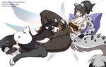 anthro anus areola balls big_breasts big_bulge big_butt big_penis black_body black_fur black_hair black_nipples black_penis blonde_hair blue_eyes bottomwear breasts bulge bulge_kiss butt clothed clothed_intersex clothing duo ear_piercing electronics exposed_breasts fur genitals grey_body grey_fur grey_nipples gynomorph hair intersex intersex/male leopard_spots long_hair looking_at_object looking_at_phone male nipple_slip nipples nude nude_male pants penis phone piercing shirt spots sweatpants tail tank_top text text_on_clothing text_on_topwear topwear white_body white_fur avocado_seed illisia sly_knox bear felid giant_panda mammal pantherine snow_leopard digital_media_(artwork) hi_res url
