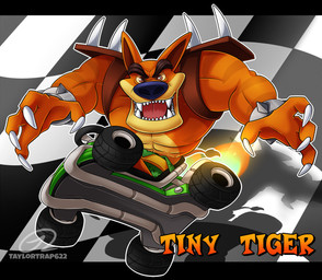 abs anthro biceps bottomwear bracelet brown_eyes brown_hair checkered checkered_background checkered_flag clothing eyebrows fangs fur hair jewelry kart loincloth looking_at_viewer male muscular muscular_anthro muscular_arms muscular_male open_mouth orange_body orange_fur pattern_background pecs pose sharp_teeth shoulder_pads simple_background smoke solo spiked_bracelet spiked_shoulder_pads spikes striped_body striped_fur stripes tail tail_tuft tan_body tan_fur teeth text thick_eyebrows tongue tuft vehicle wheel yellow_sclera taylortrap622 activision crash_bandicoot_(series) crash_team_racing_(series) tiny_tiger dasyuromorph mammal marsupial recently_extinct_species thylacine 2019 english_text signature