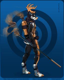 anthro biped clothing hero hooves latex latex_clothing looking_at_viewer looking_back looking_back_at_viewer male male_anthro solo standing superhero sketchotterly konami metal_gear deer mammal new_world_deer reindeer 4:5 absurd_res hi_res