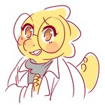 anthro blush blush_stickers buckteeth clasped_hands clothed clothing coat eyelashes eyewear female glasses lab_coat looking_at_viewer open_mouth open_smile orange_eyes scales simple_background smile solo sweater tail teeth thick_tail three-quarter_view topwear white_background yellow_body yellow_scales dongoverlord undertale undertale_(series) alphys lizard reptile scalie half-length_portrait low_res portrait