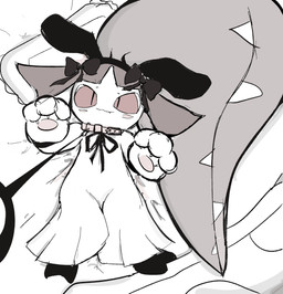 2_toes accessory ambiguous_gender bed bed_sheet bedding black_eyes black_feet black_hair black_hair_bow blush blush_stickers bow_ribbon closed_smile clothing collar fake_ears fake_rabbit_ears fangs feet furniture gloves hair hair_accessory hair_bow hair_mouth hair_ribbon handwear leash leash_pull leashed_collar looking_at_viewer looking_up looking_up_at_viewer lying mouth_closed offscreen_character on_back on_bed paw_gloves pillow pink_collar ponytail pupils red_sclera ribbons slit_pupils smile smiling_at_viewer solo teeth toes wearing_collar wide_hips duckcoon nintendo pokemon generation_3_pokemon humanoid mawile pokemon_(species) 2026 absurd_res hi_res